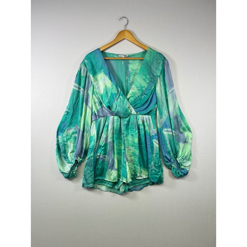Fashion Nova Romper Women Large Green Blue Abstract Watercolor Long Sleeve